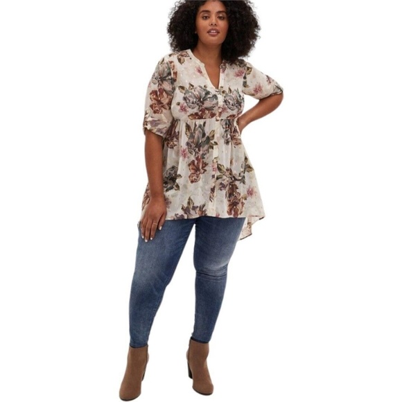 torrid Tops - Chiffon Hi Low Tunic Top Floral Flowy Boho Hipster Hippie Trendy Sheer Blouse